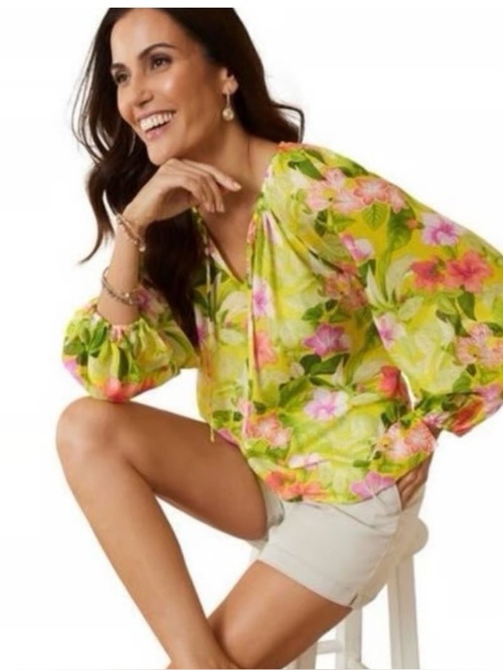 Tommy Bahama Happy Hour Flower Silk Blend Blouse in Yellow Floral.